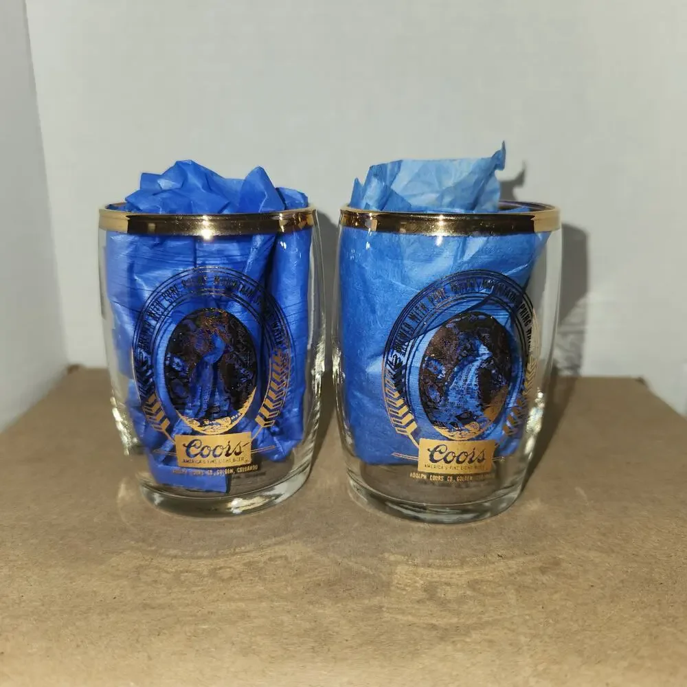 Pair Vintage 1970s Coors Beer Tasting Glasses Waterfall Gold Rim Tumblers Set